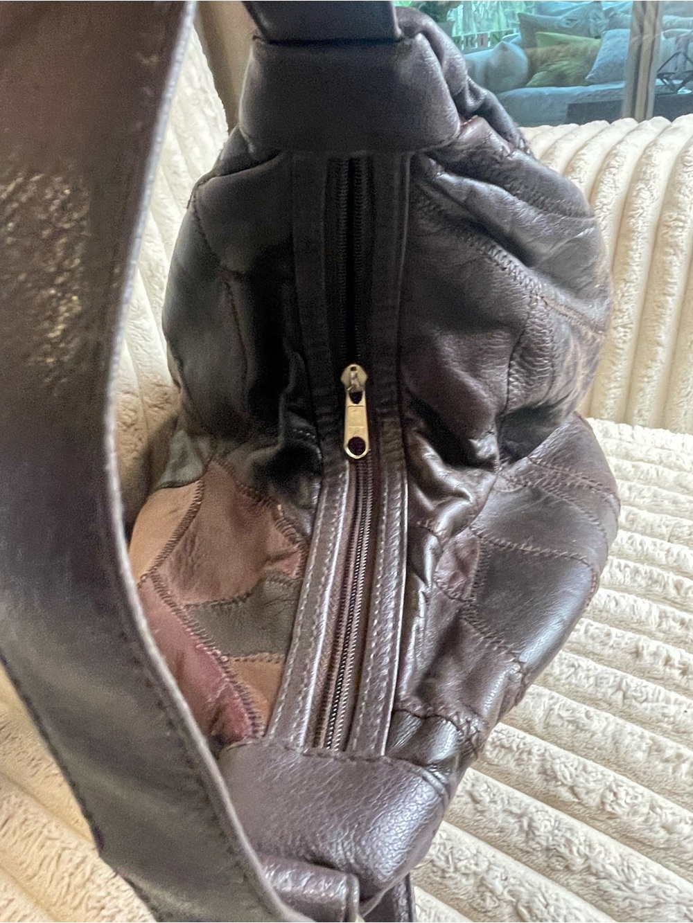 Vintage 70,s Hippie Patchwork Leather Crossbody Sling - Brown, Black - Picture 6 of 10